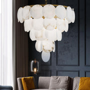 Paige Round Alabaster Chandelier with Dining Table Above